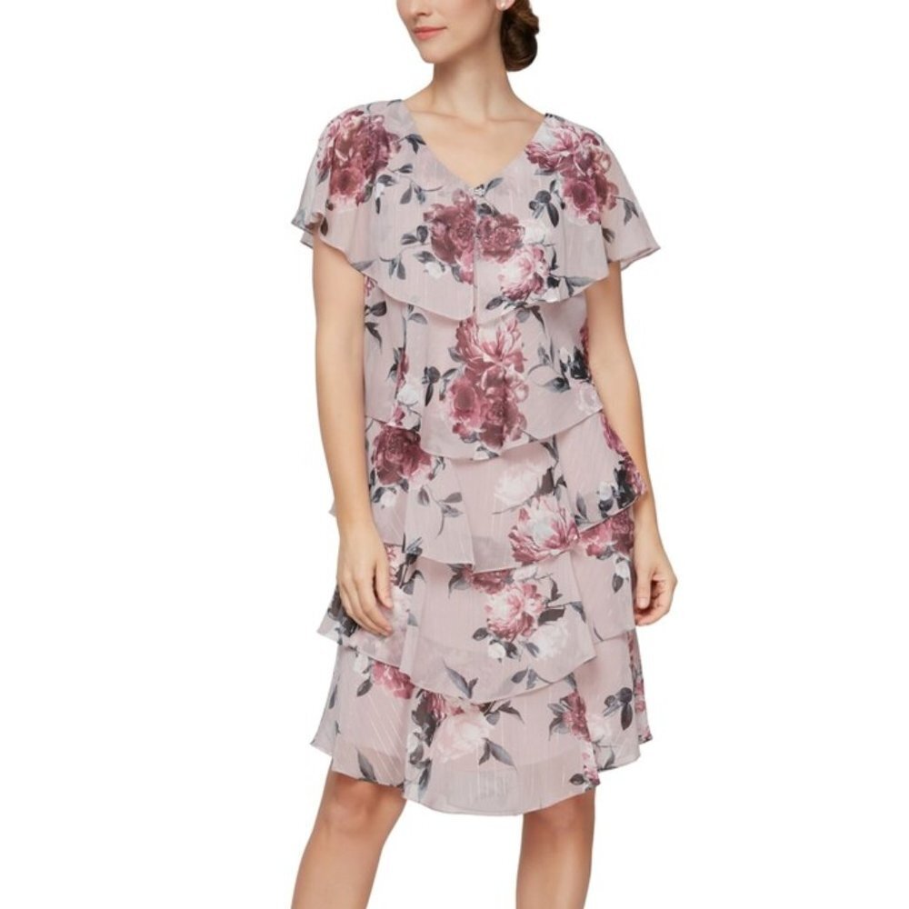SL Fashions Printed V-Neck Ruffled Floral A-Line Dress P4518